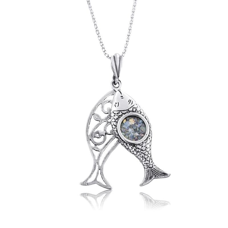 Collier de poisson romain en verre et argent