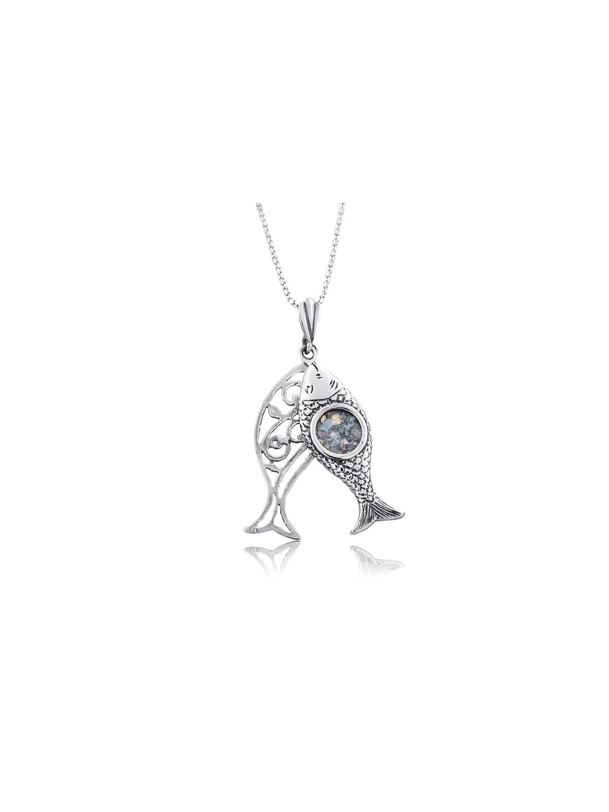 Collier de poisson romain en verre et argent
