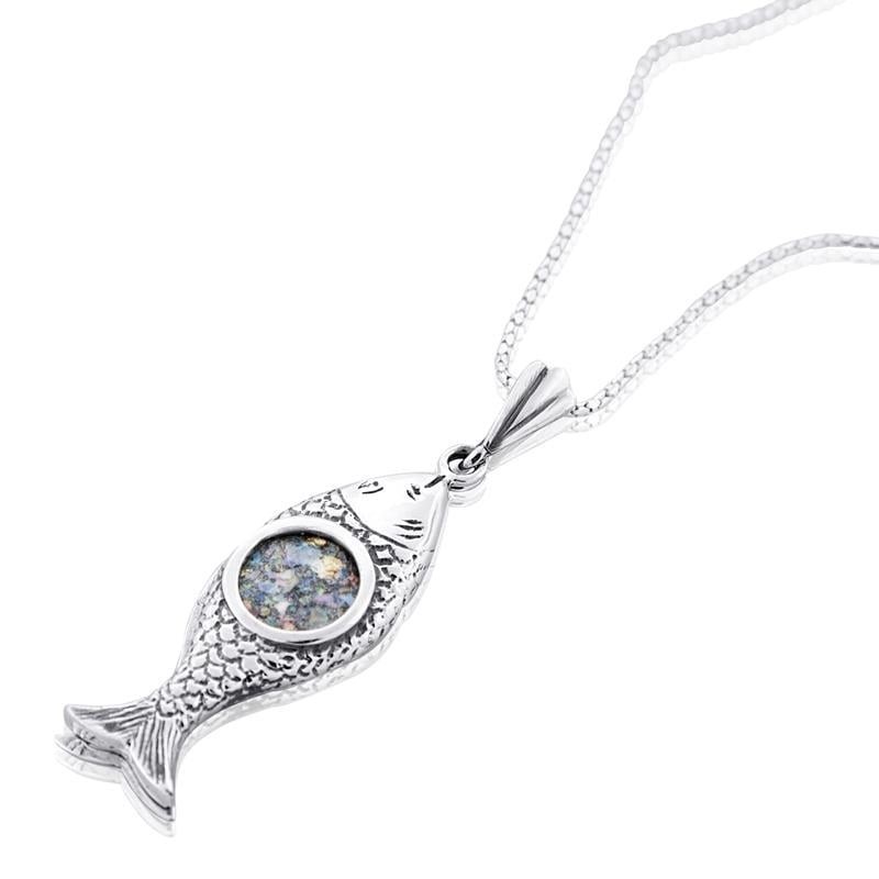 Roman Glass and Silver Fish Necklace