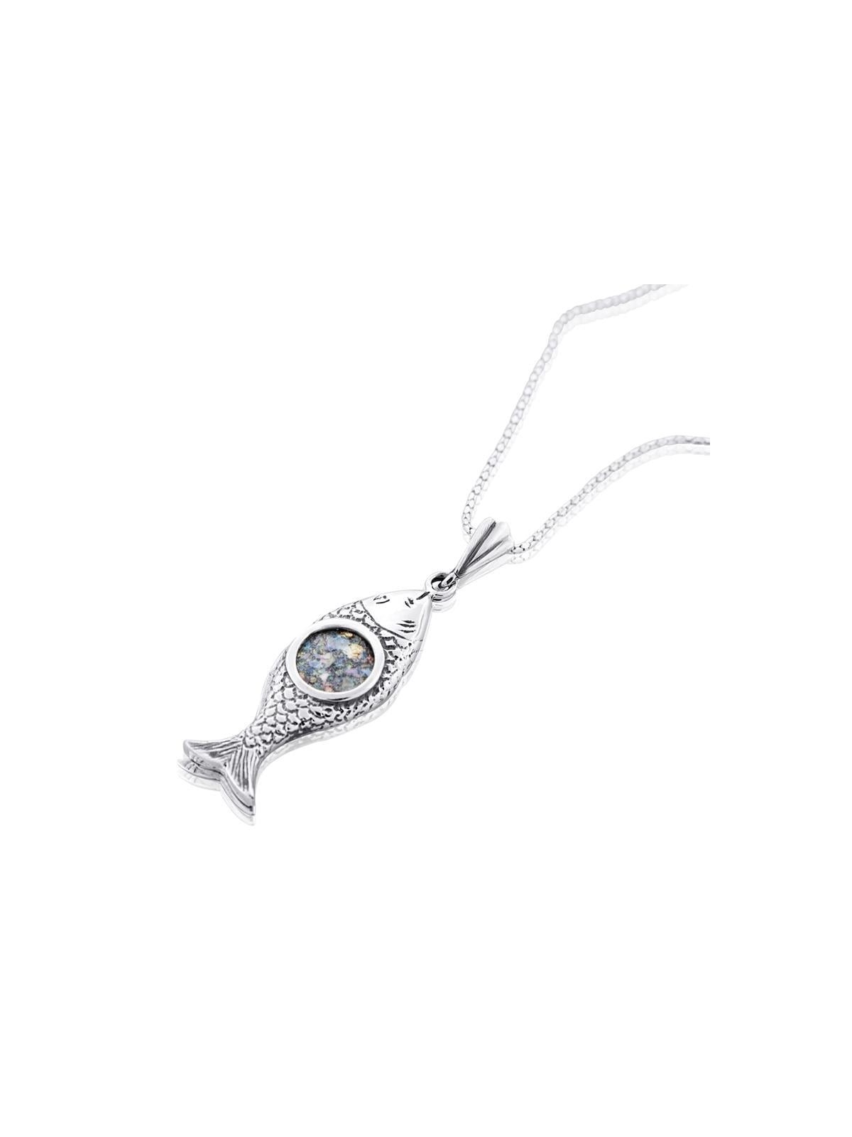 Roman Glass and Silver Fish Necklace
