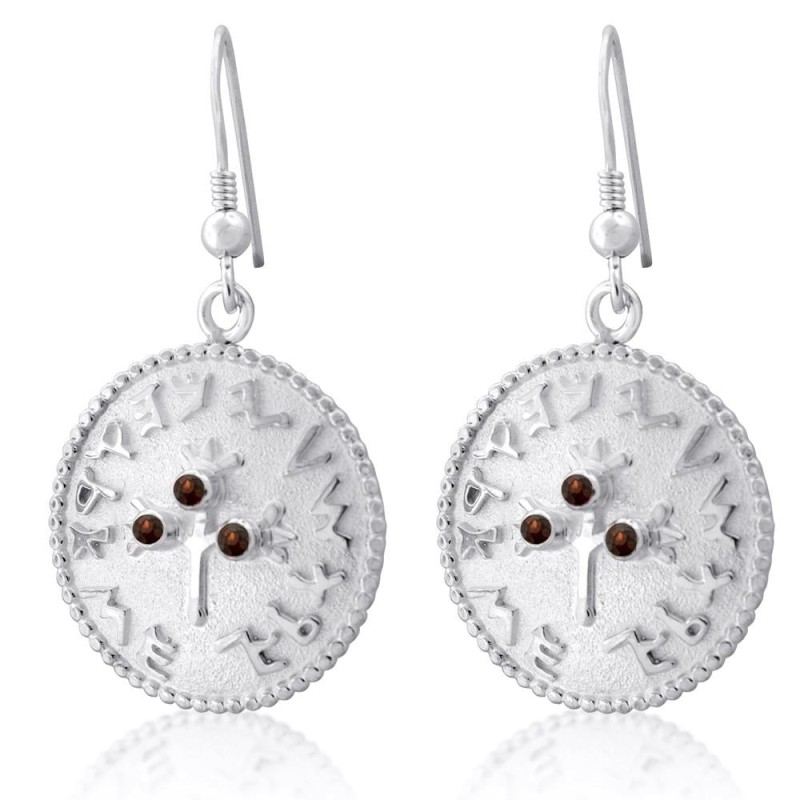 Boucles d’oreilles à trois grenades Shekel Coin avec pierres de grenat