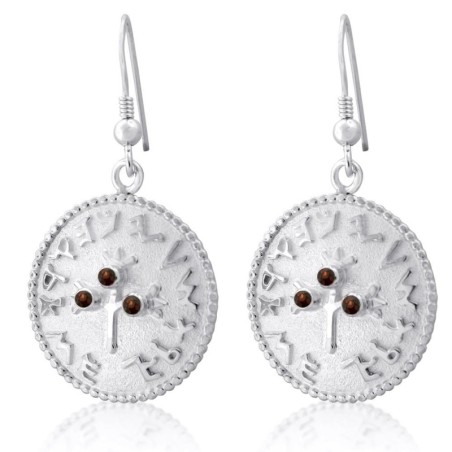 Boucles d’oreilles à trois grenades Shekel Coin avec pierres de grenat