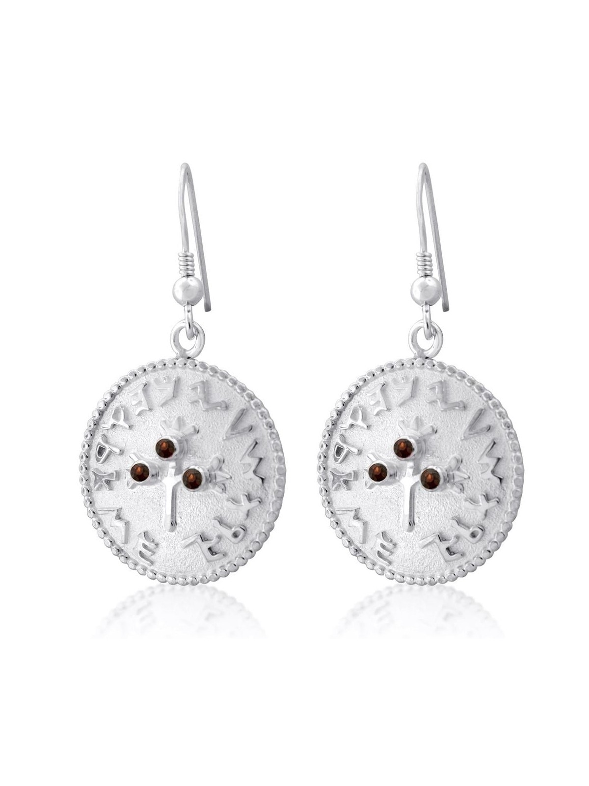 Boucles d’oreilles à trois grenades Shekel Coin avec pierres de grenat
