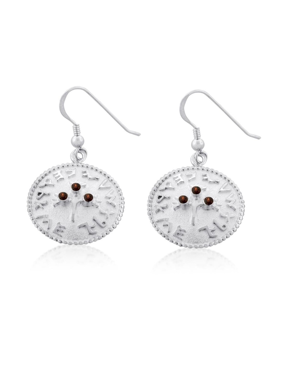 Boucles d’oreilles à trois grenades Shekel Coin avec pierres de grenat