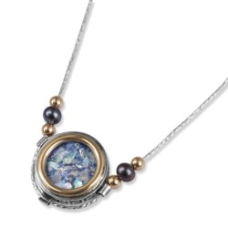 925 Sterling Silver and 9K Yellow Gold Necklace with Roman Glass, Blac