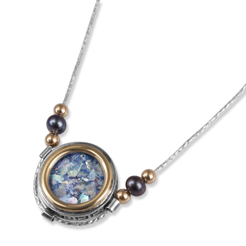 925 Sterling Silver and 9K Yellow Gold Necklace with Roman Glass, Blac