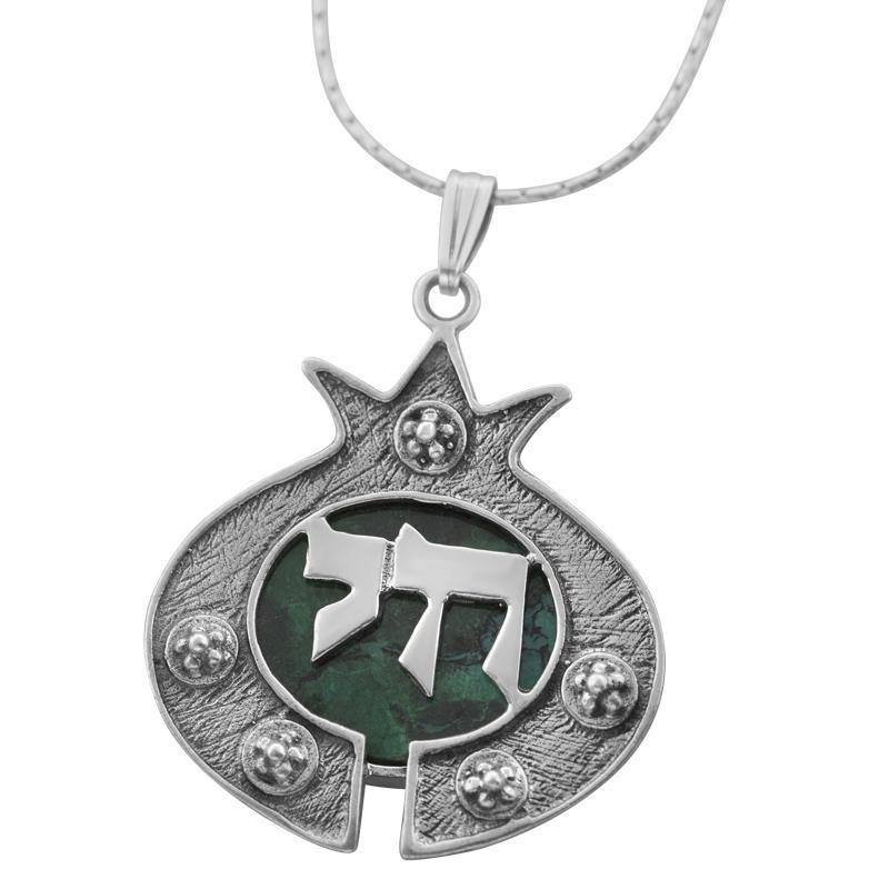 Collier Grenade en Argent et Pierre d'Eilat avec Chai