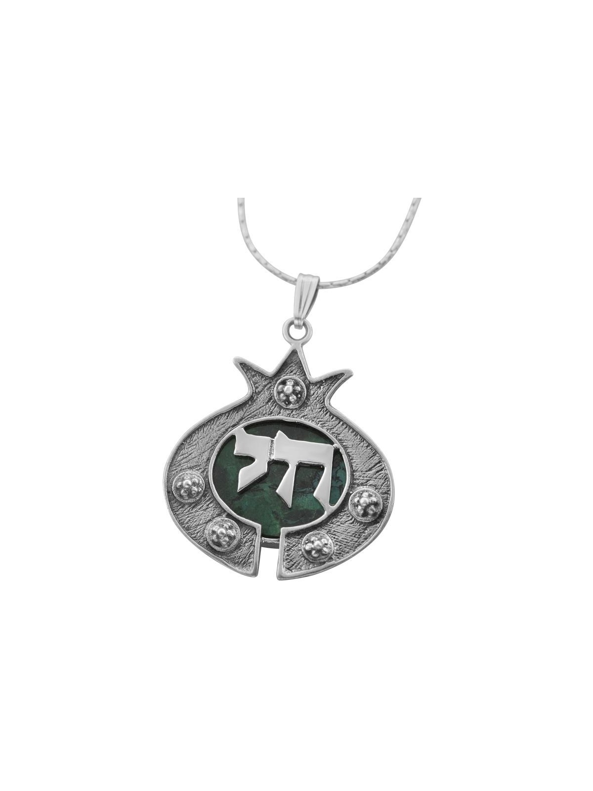 Collier Grenade en Argent et Pierre d'Eilat avec Chai