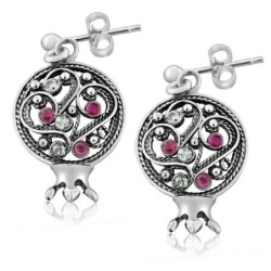 Sterling Silver Filigree Pomegranate Stud Earrings with Ruby Gemstones