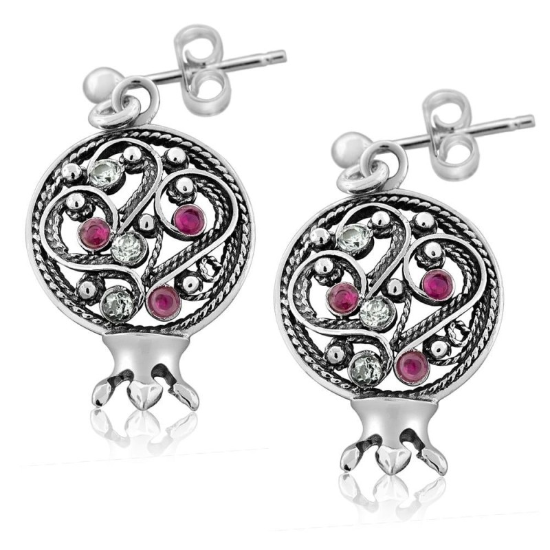 Sterling Silver Filigree Pomegranate Stud Earrings with Ruby Gemstones