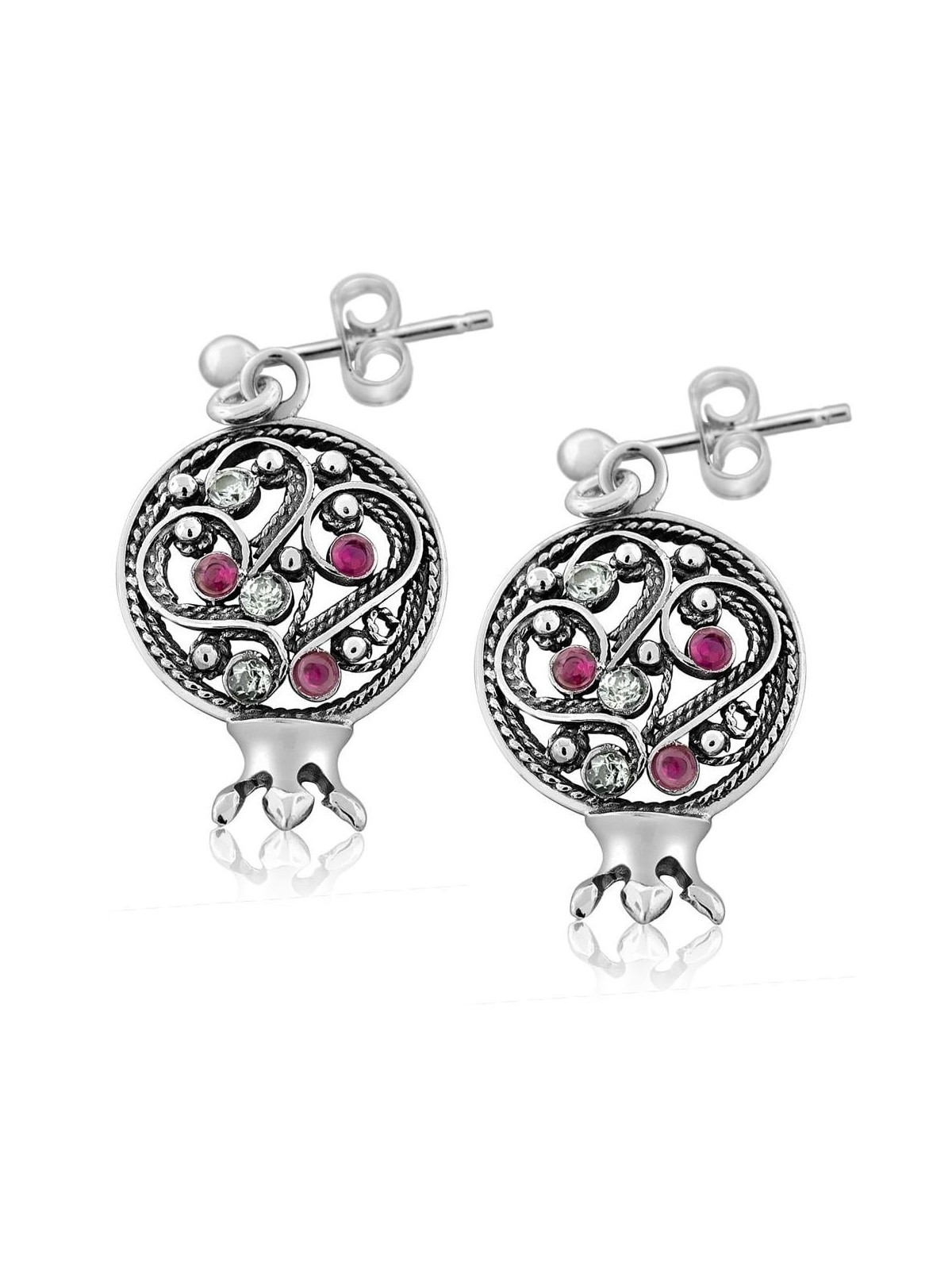 Sterling Silver Filigree Pomegranate Stud Earrings with Ruby Gemstones