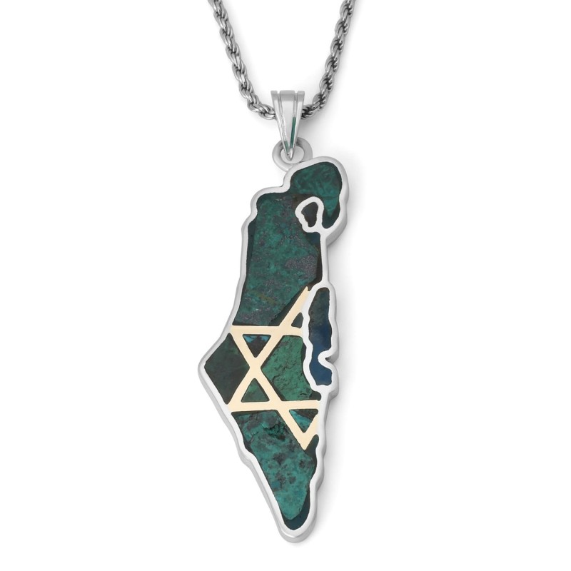 Pendentif carte d'Israël en argent sterling 925/or 14 carats avec pierre d'Eilat et