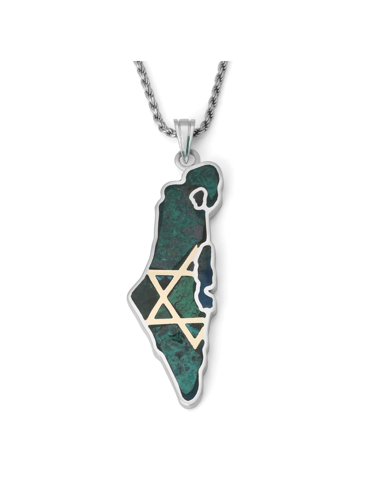 Pendentif carte d'Israël en argent sterling 925/or 14 carats avec pierre d'Eilat et