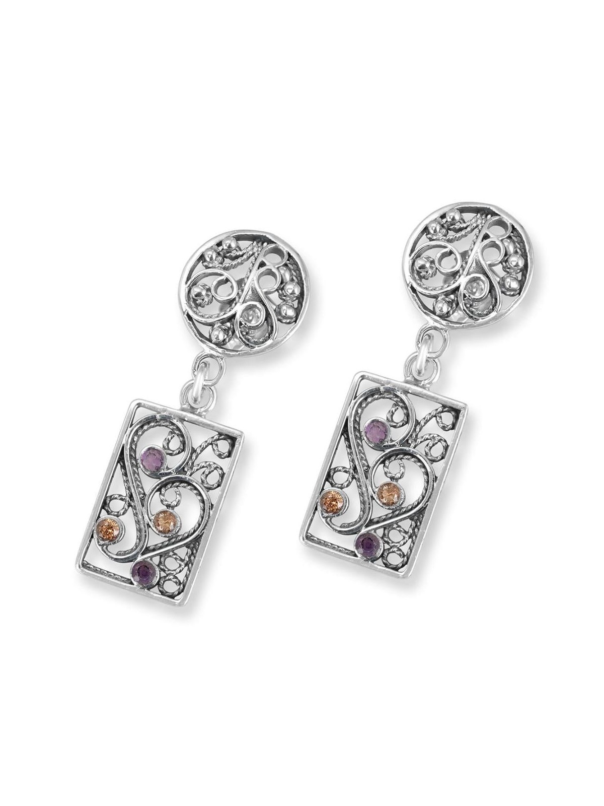 Rafael Jewelry 925 Sterling Silver Filigree Pattern Earrings with Amet