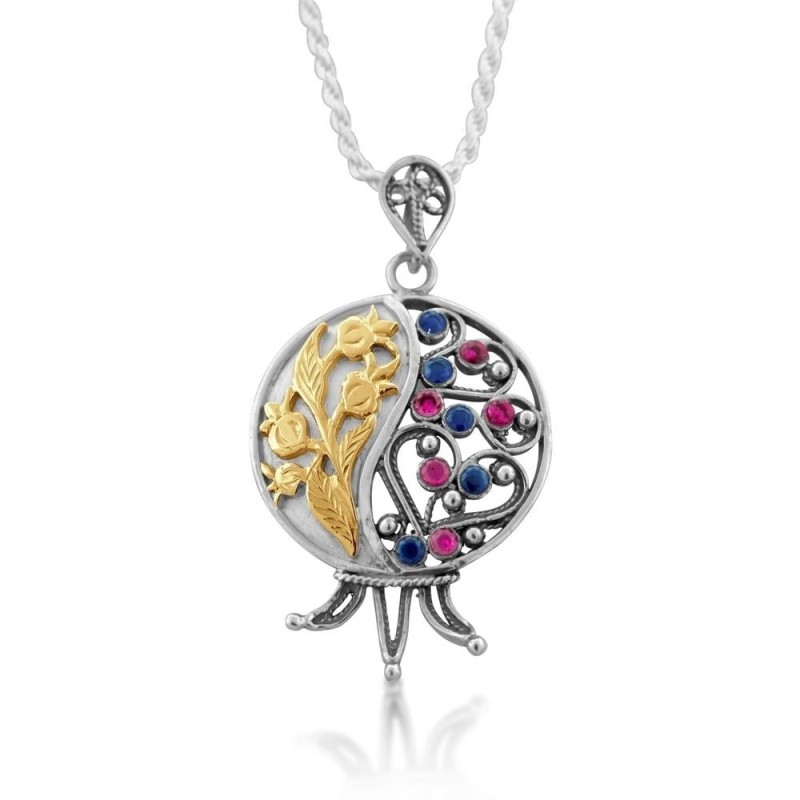 Large Gold and Silver Filigree Pomegranate Necklace with Ruby and Sapp