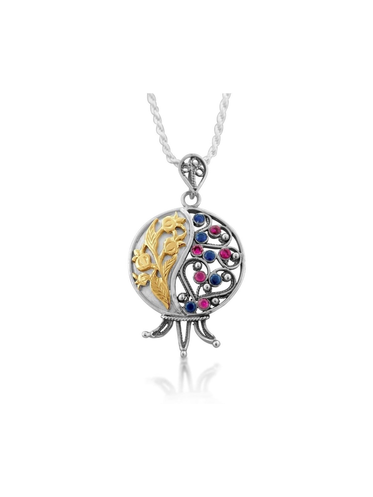 Large Gold and Silver Filigree Pomegranate Necklace with Ruby and Sapp