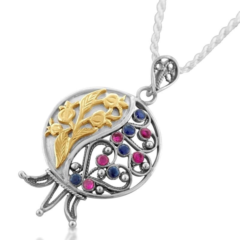 Large Gold and Silver Filigree Pomegranate Necklace with Ruby and Sapp