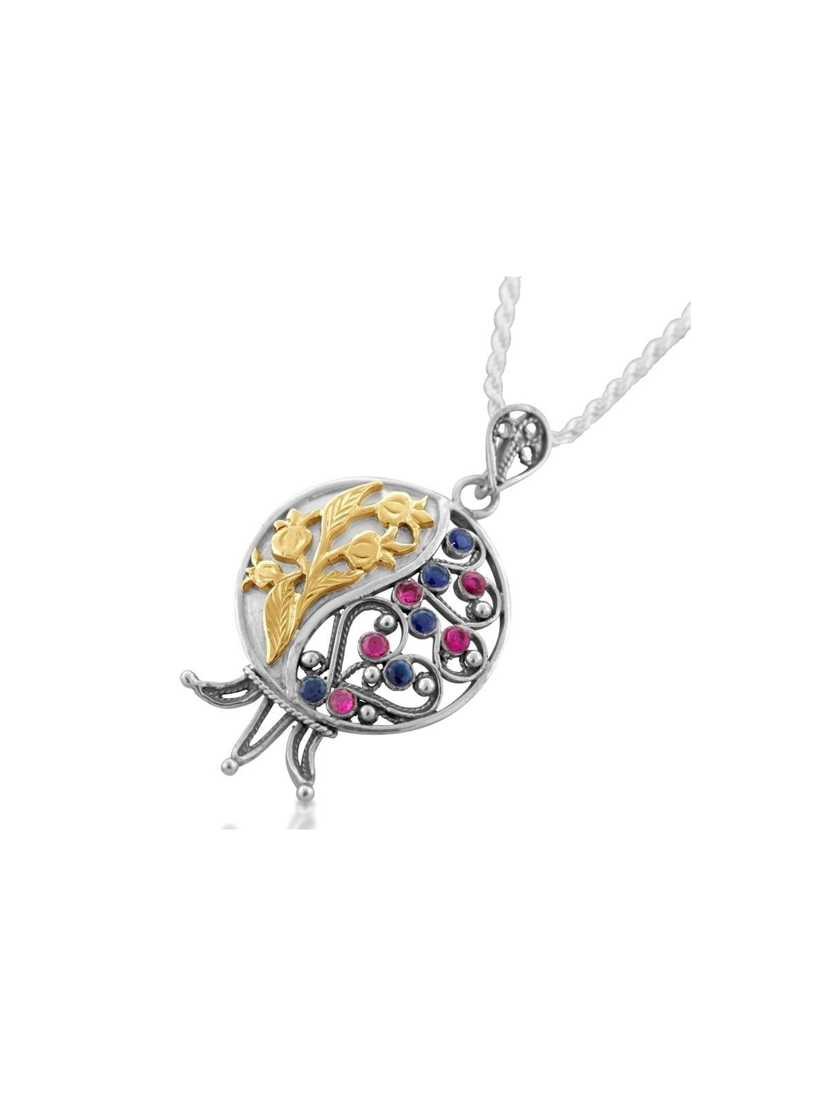 Large Gold and Silver Filigree Pomegranate Necklace with Ruby and Sapp