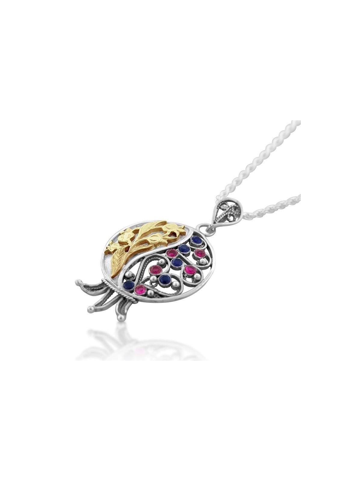 Large Gold and Silver Filigree Pomegranate Necklace with Ruby and Sapp