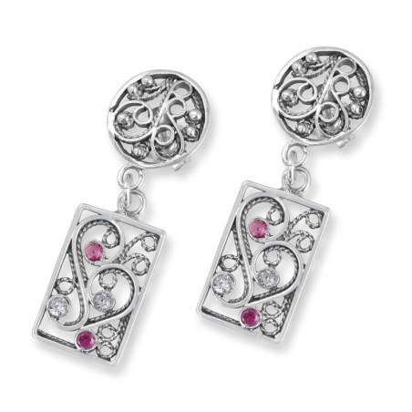 Rafael Jewelry 925 Sterling Silver Filigree Pattern Earrings with Ruby