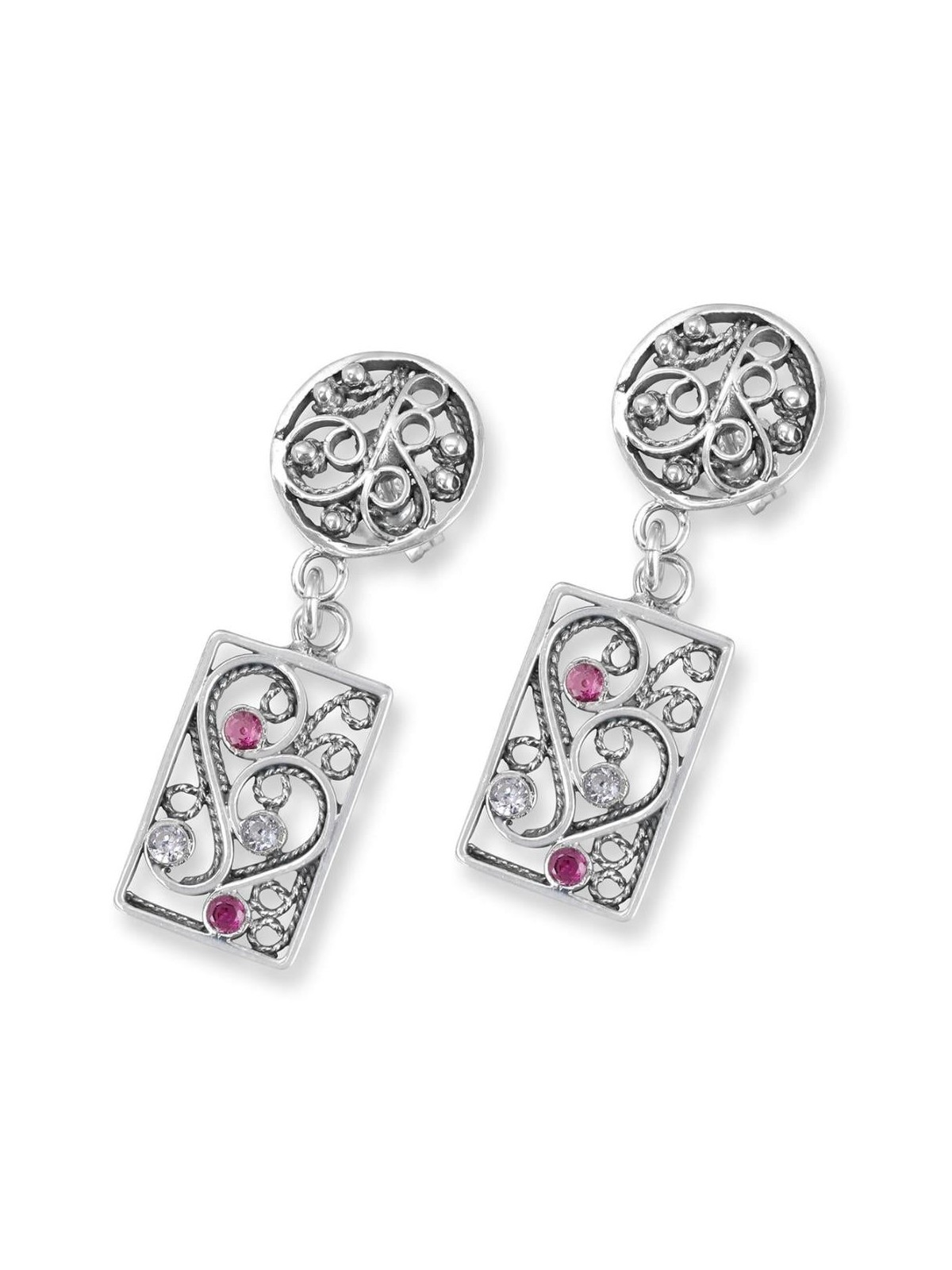 Rafael Jewelry 925 Sterling Silver Filigree Pattern Earrings with Ruby