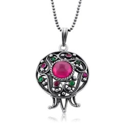 Sterling Silver Filigree Pomegranate Necklace with Large Ruby
