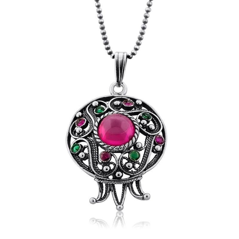 Sterling Silver Filigree Pomegranate Necklace with Large Ruby