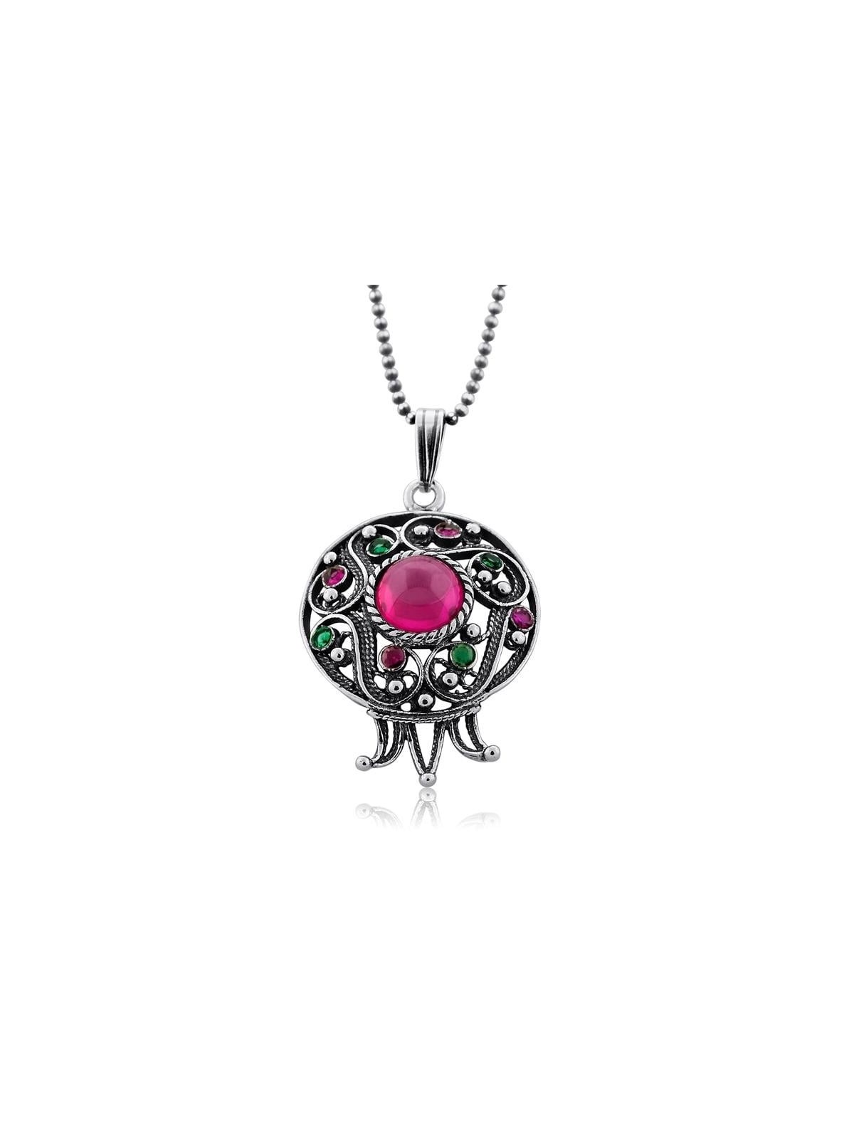 Sterling Silver Filigree Pomegranate Necklace with Large Ruby