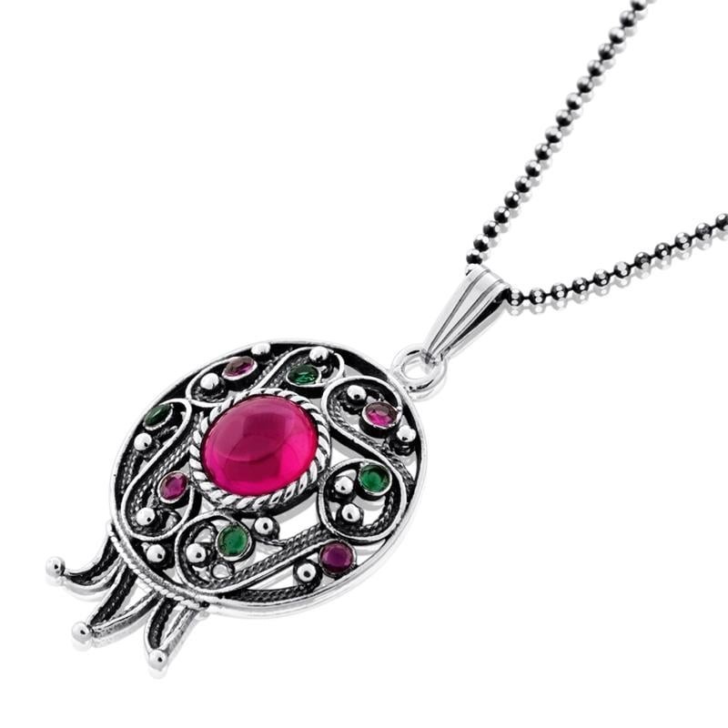 Collier de grenade en filigrane d’argent sterling avec grand rubis