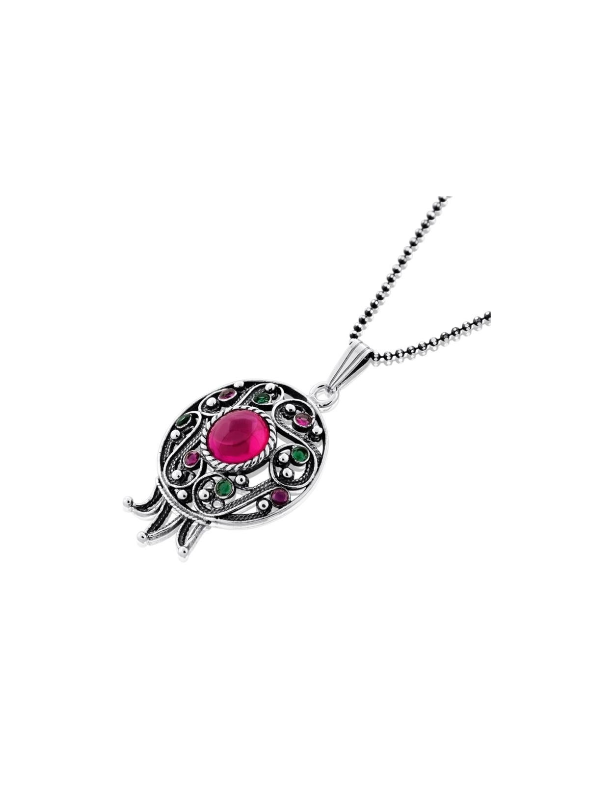 Sterling Silver Filigree Pomegranate Necklace with Large Ruby