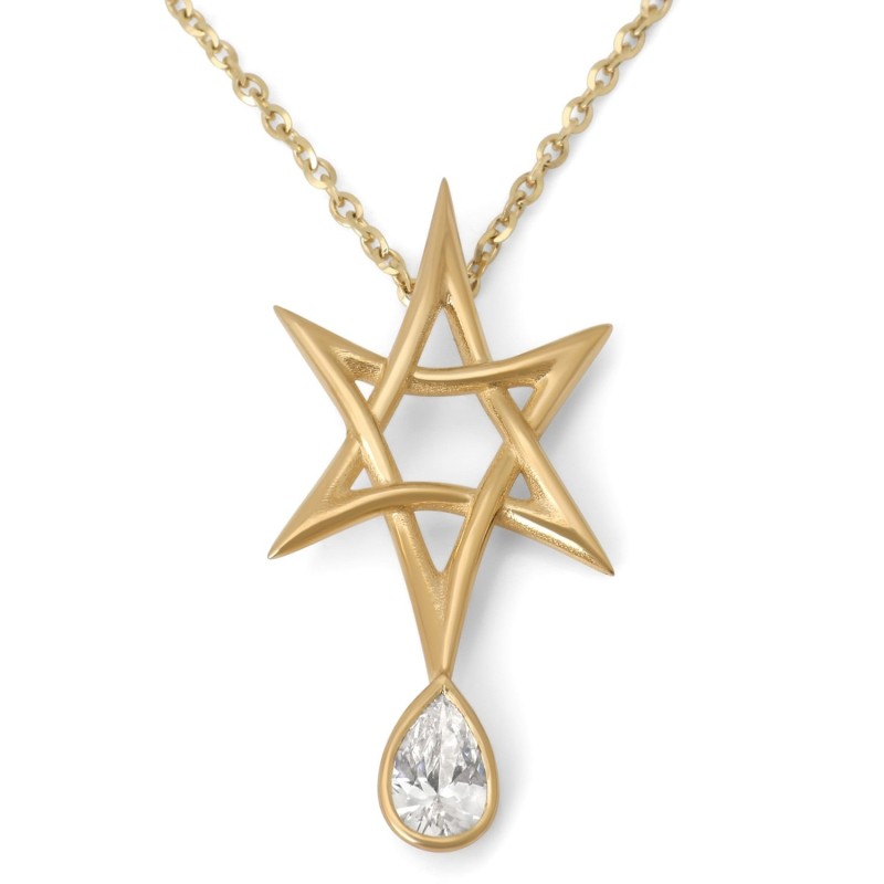 14K Gold Star of David Pendant with Pear-Shaped Diamond Drop for Women