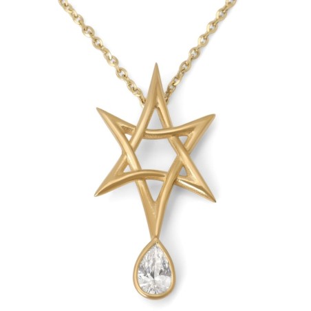 14K Gold Star of David Pendant with Pear-Shaped Diamond Drop for Women