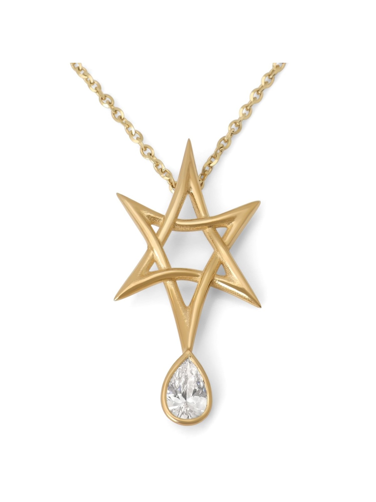 14K Gold Star of David Pendant with Pear-Shaped Diamond Drop for Women
