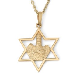 14K Gold Tower of David Inside Star of David Pendant Necklace