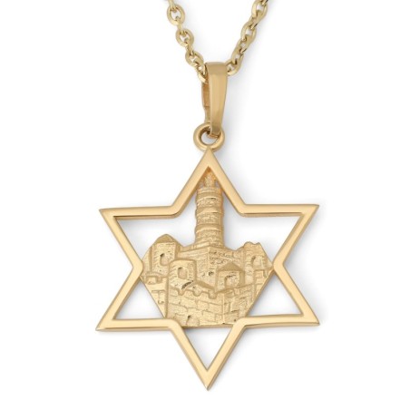 Collier pendentif étoile de David à l'intérieur de la tour de David en or 14 carats