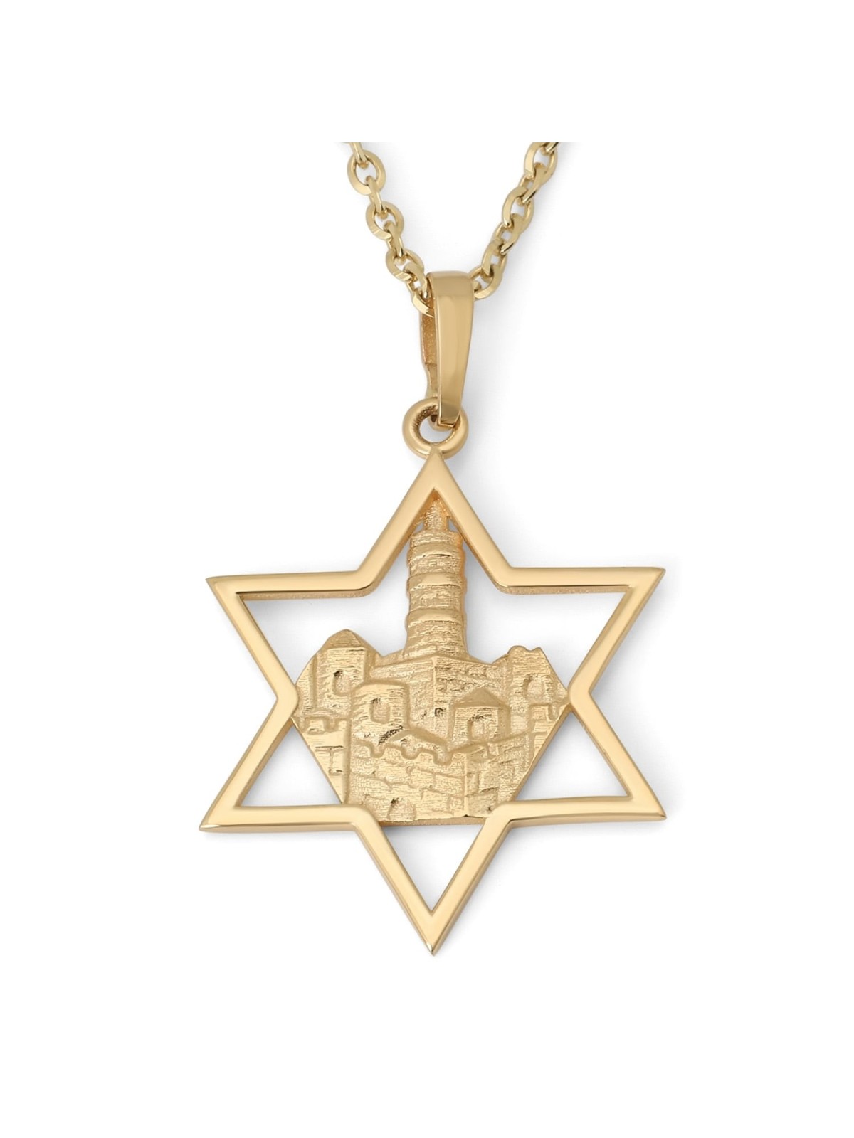 14K Gold Tower of David Inside Star of David Pendant Necklace
