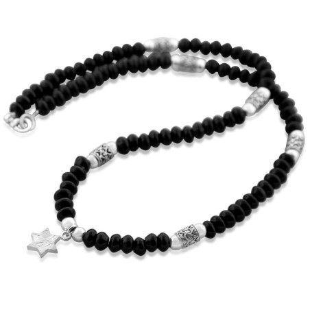Onyx and Silver Star of David Necklace