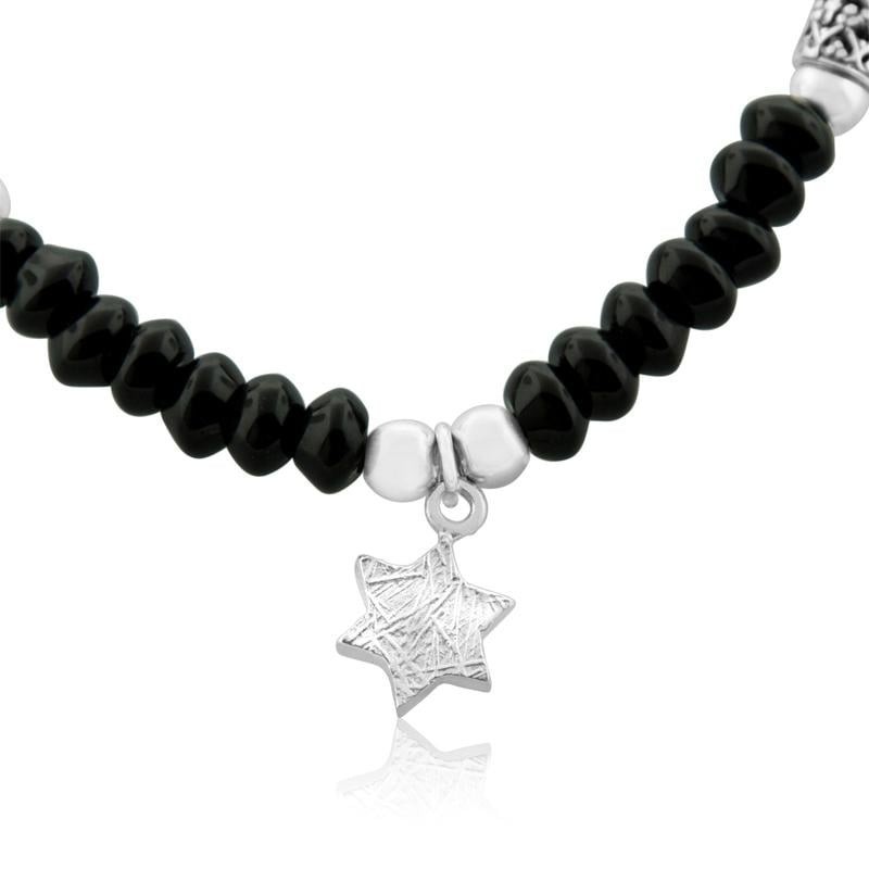 Onyx and Silver Star of David Necklace