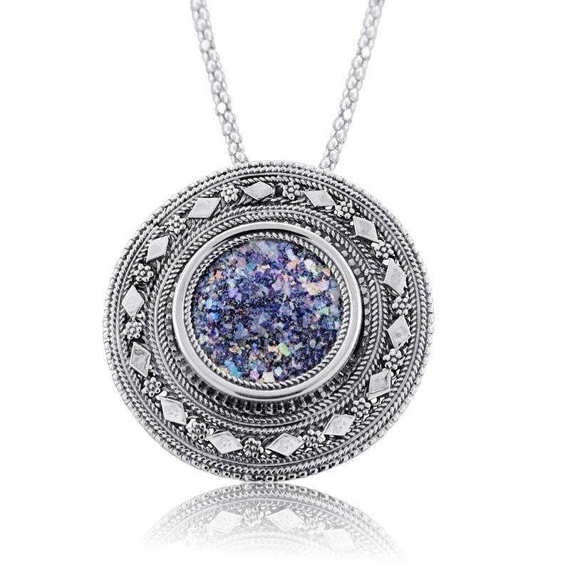 Silver and Roman Glass Circle Necklace with Decorative Border