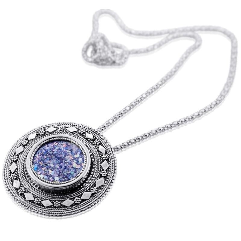 Silver and Roman Glass Circle Necklace with Decorative Border