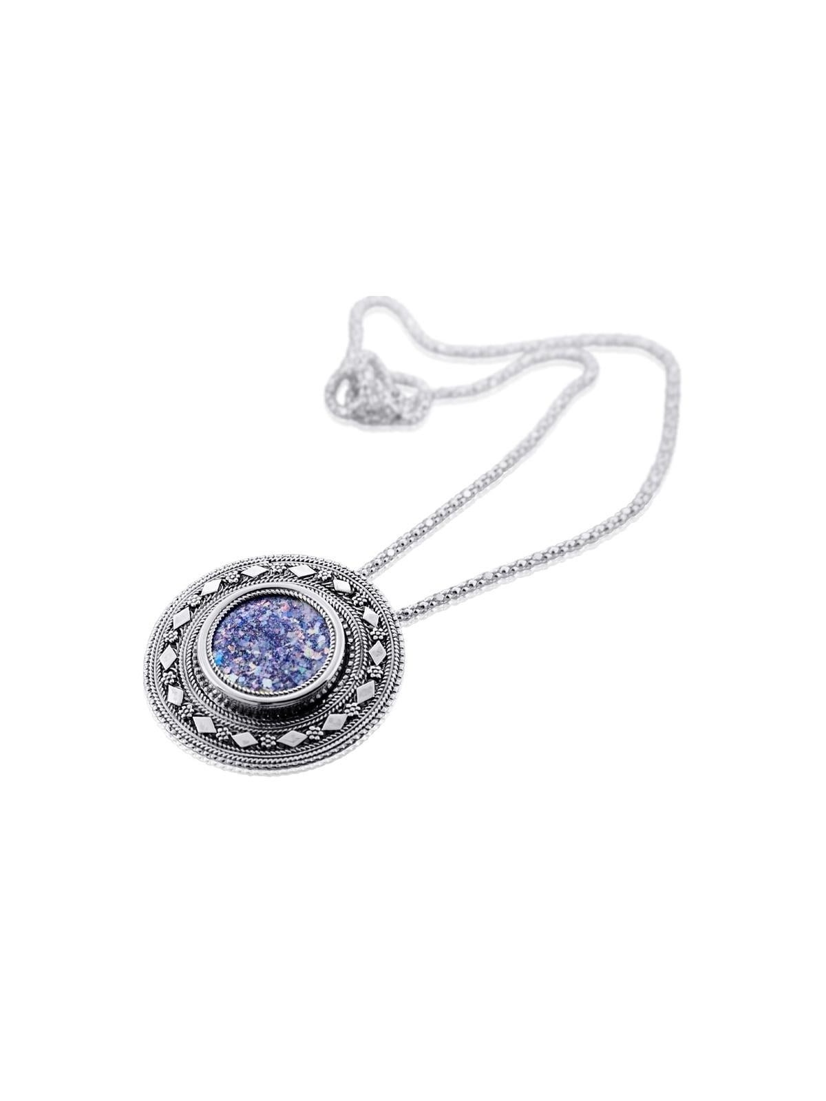 Silver and Roman Glass Circle Necklace with Decorative Border