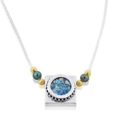 Sterling Silver Square Necklace with Circle Roman Glass Center