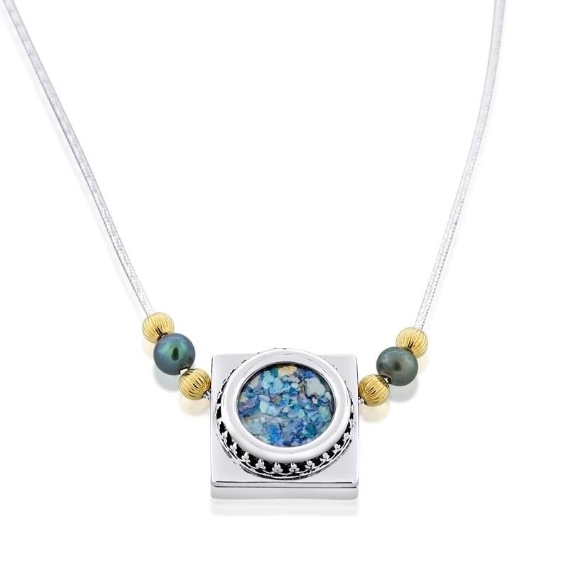 Sterling Silver Square Necklace with Circle Roman Glass Center