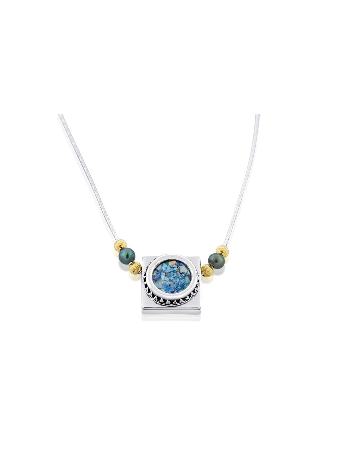 Sterling Silver Square Necklace with Circle Roman Glass Center
