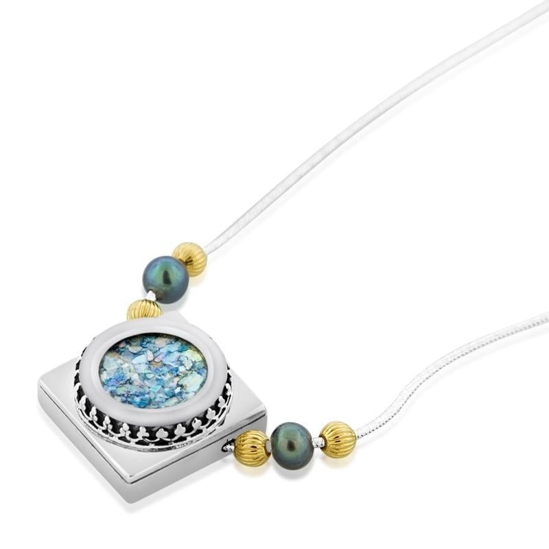 Sterling Silver Square Necklace with Circle Roman Glass Center