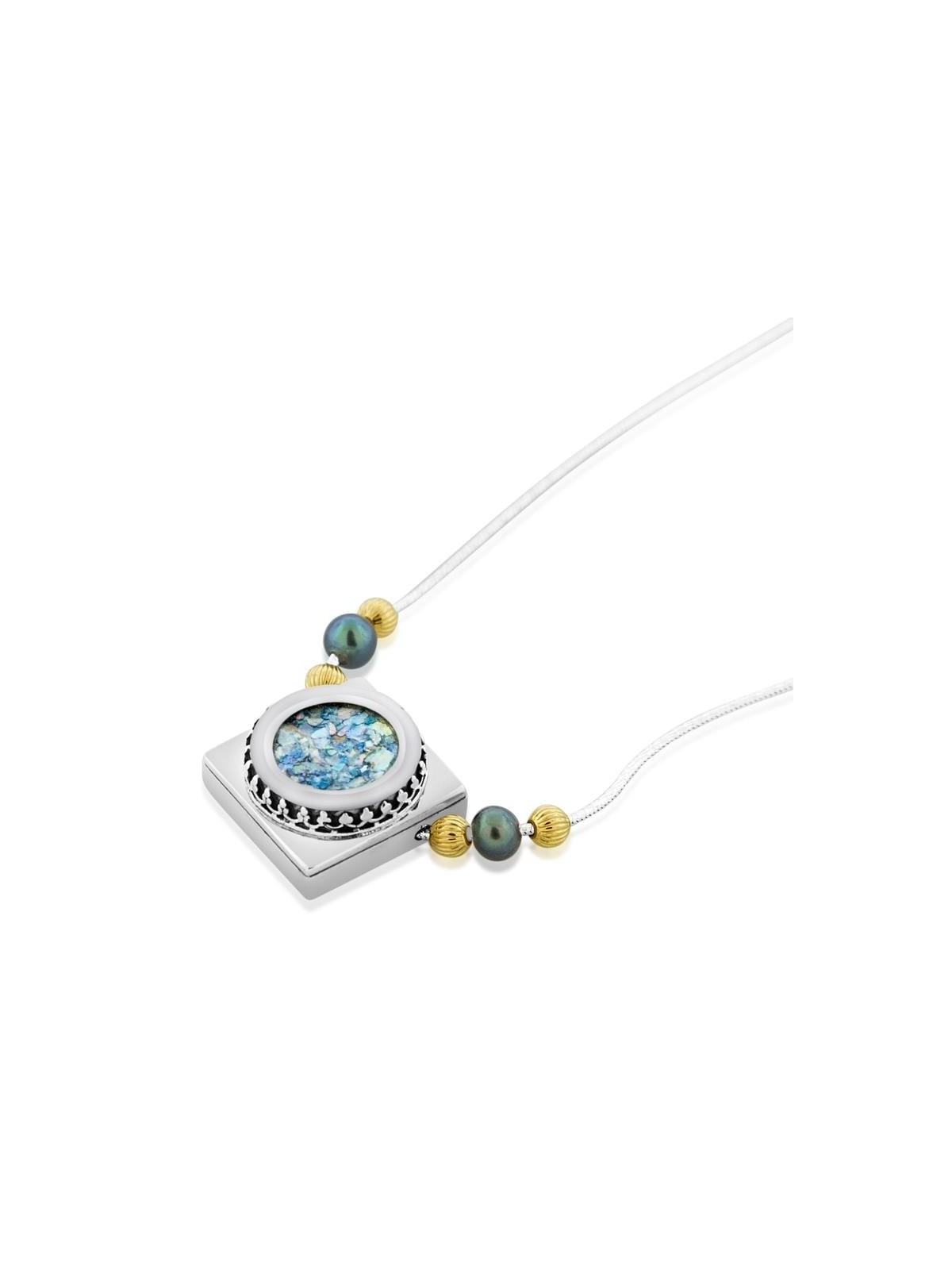 Sterling Silver Square Necklace with Circle Roman Glass Center