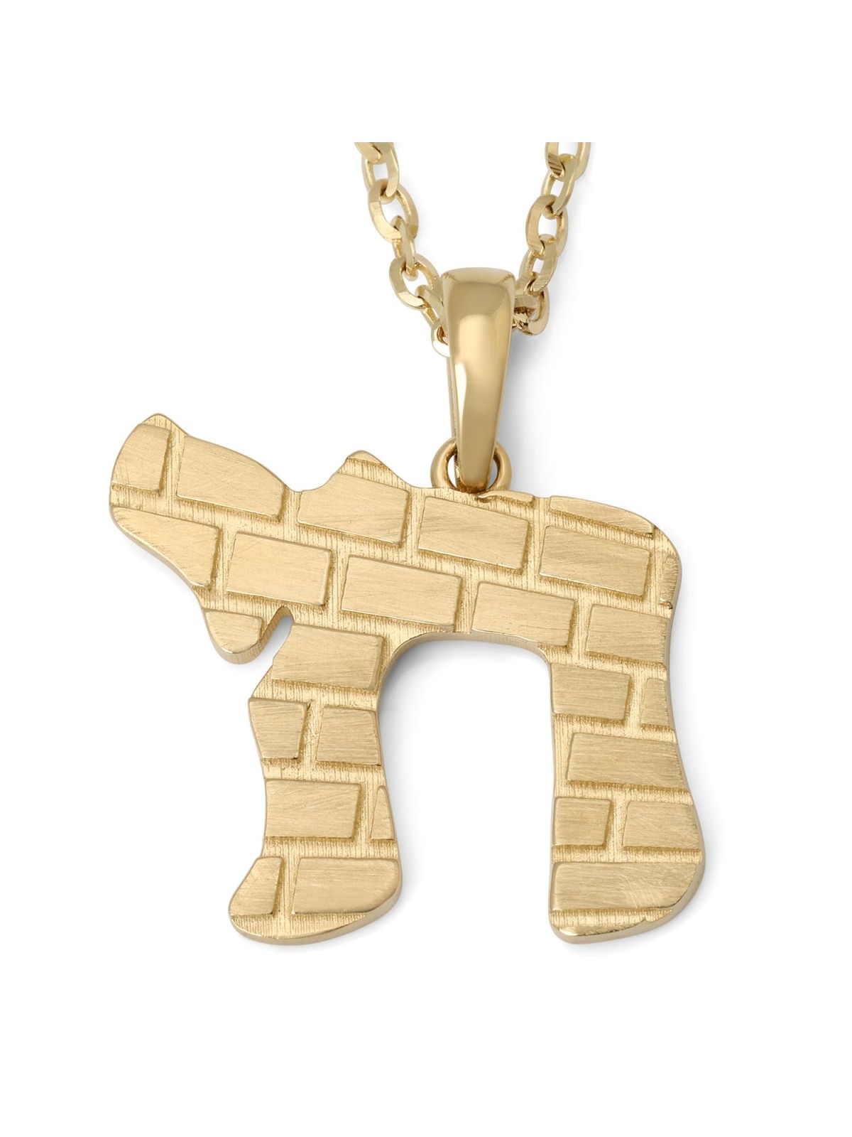 14K Gold Chai Pendant Necklace with Western Wall Design