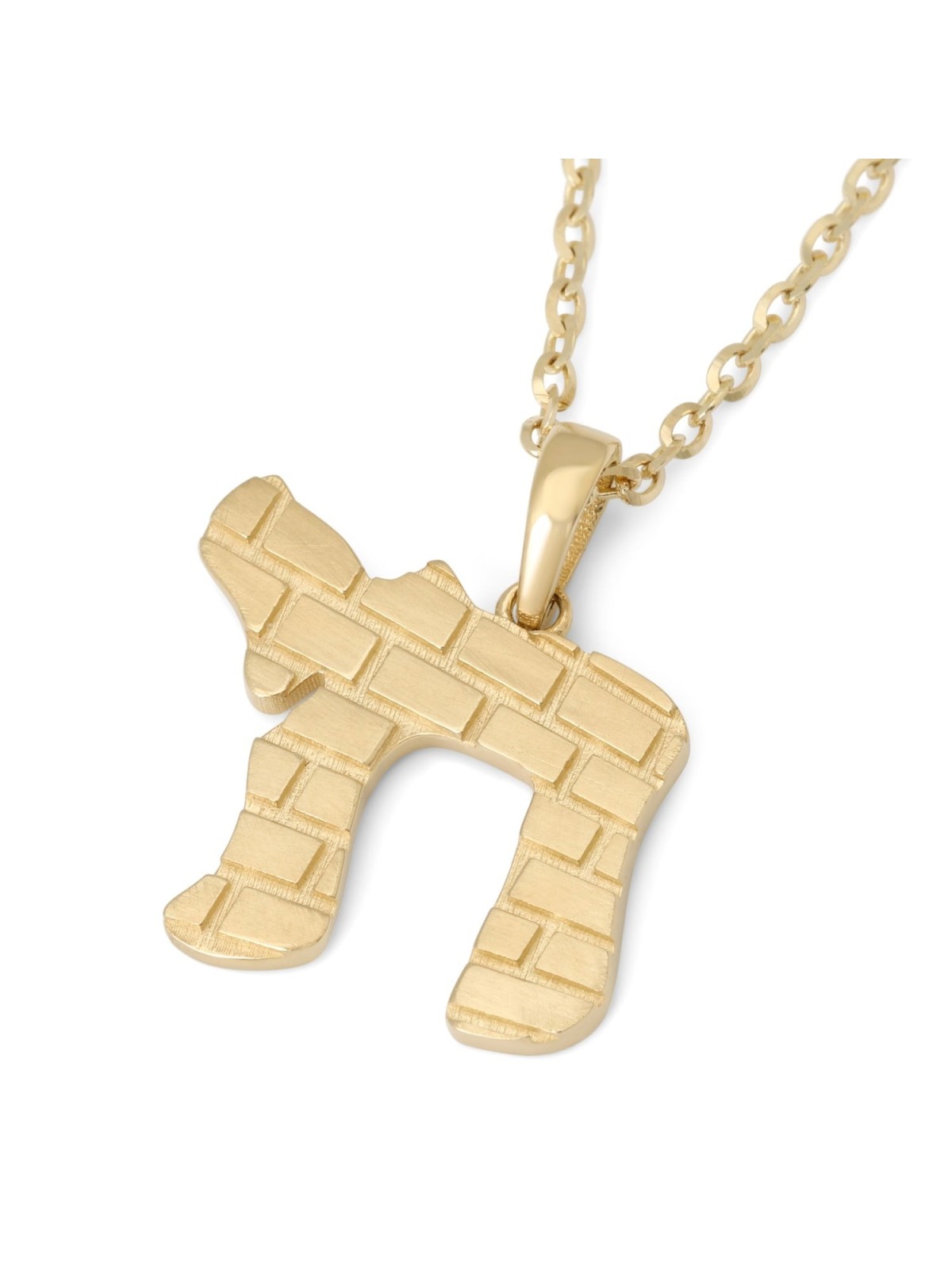 14K Gold Chai Pendant Necklace with Western Wall Design