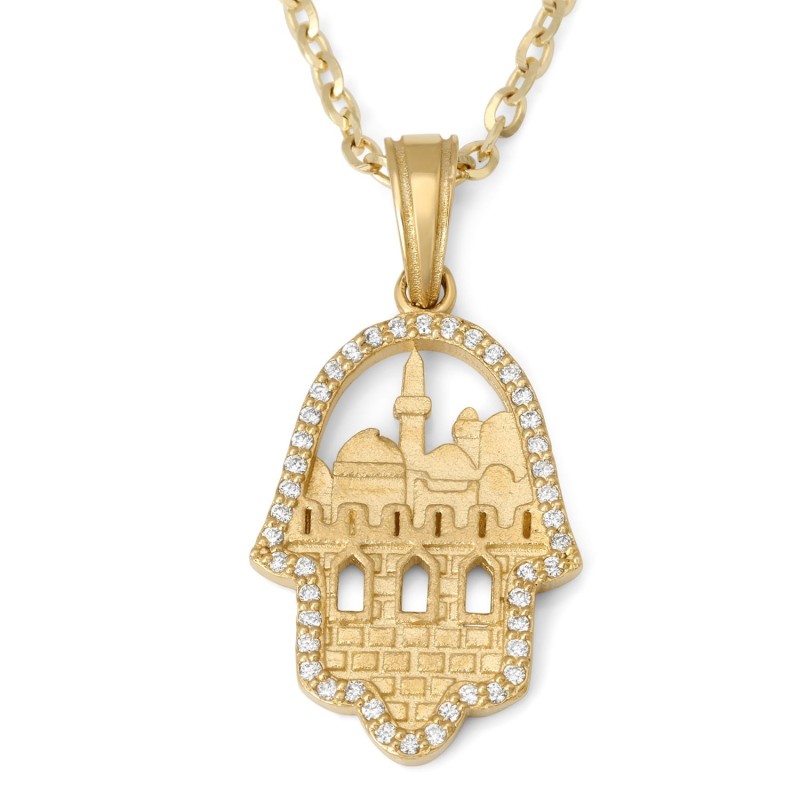Collier pendentif Hamsa sur le thème de Jérusalem en or 14 carats avec diamants