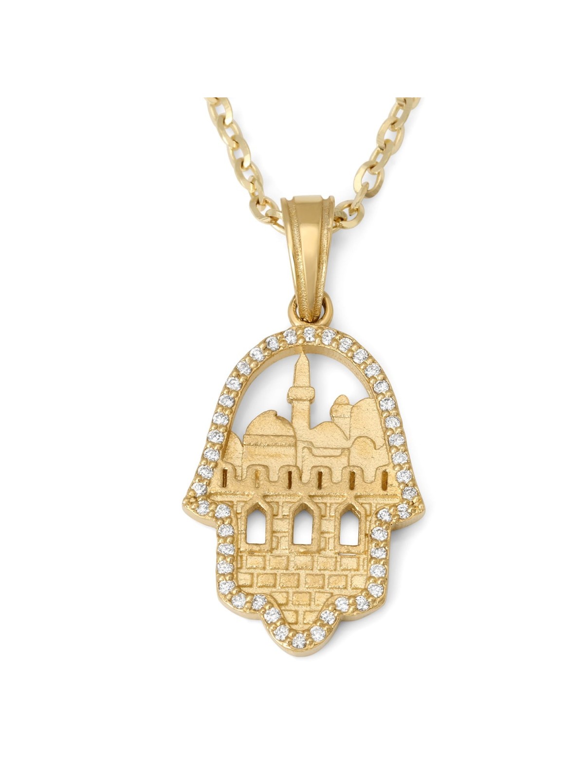 14K Gold Jerusalem Themed Hamsa Pendant Necklace with Diamonds